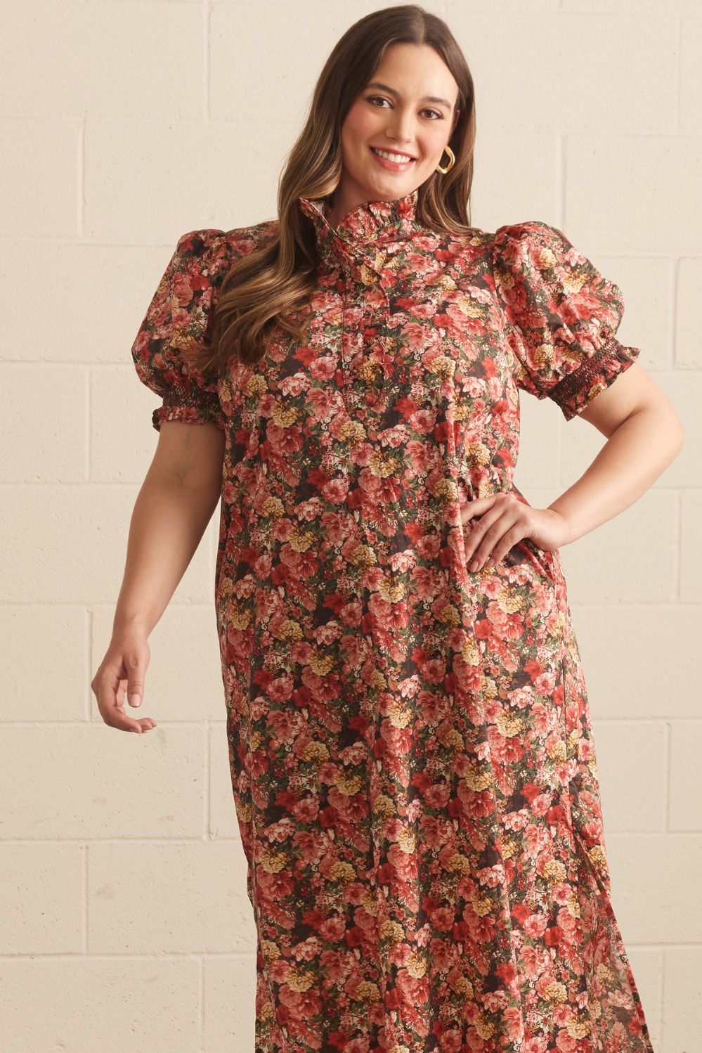 Constance Short Sleeve Floral Print Midi Dress 100% Cotton - Brick Multi