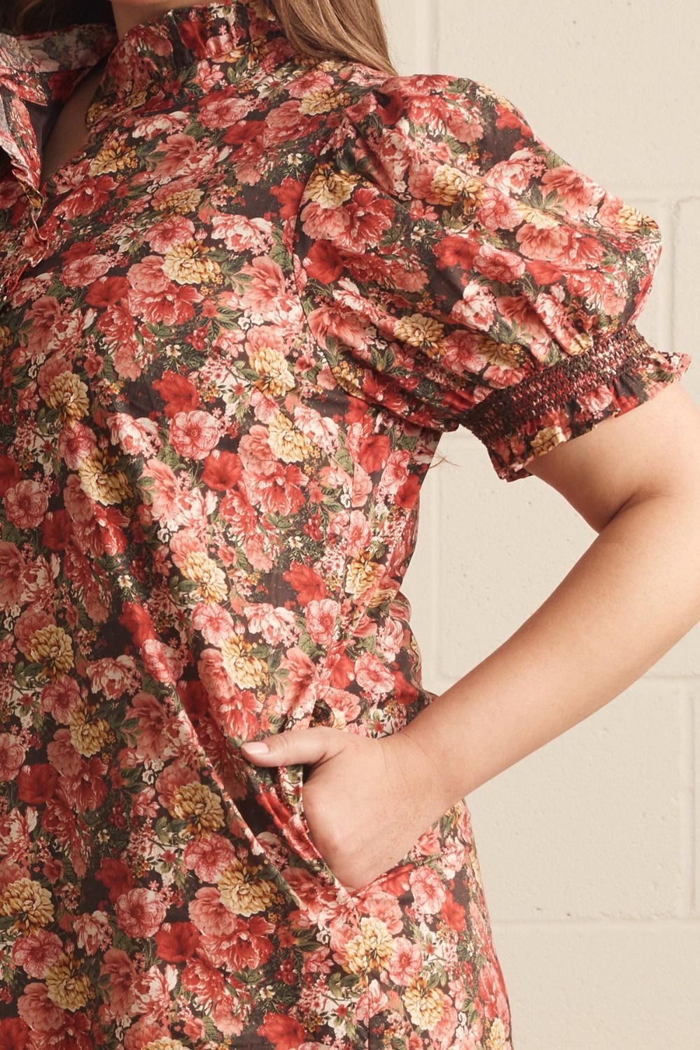 Constance Short Sleeve Floral Print Midi Dress 100% Cotton - Brick Multi