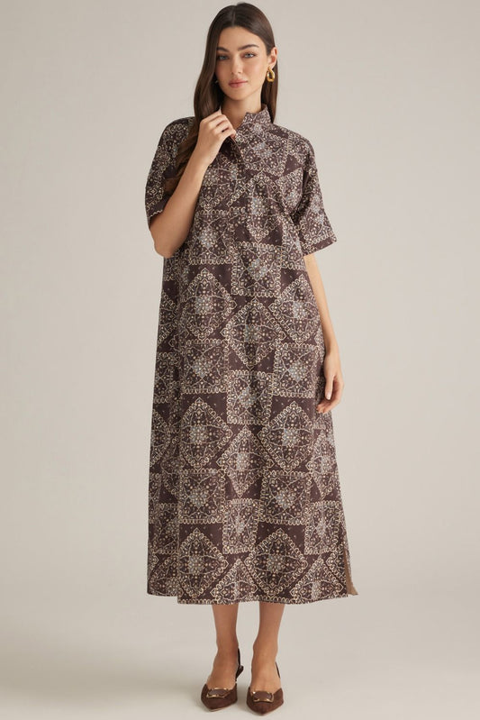Bandana Print Short Sleeve Relaxed Fit Midi Dress - Chocolate Brown Multi