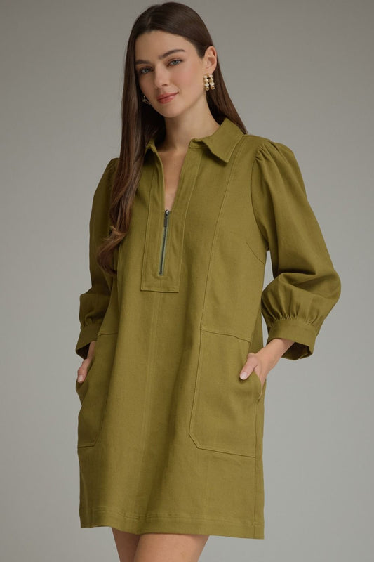 Nitta Collared Half Zip Relaxed Fit Long Sleeve Mini Dress - Martini Olive Green