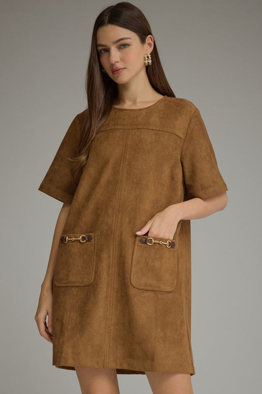 Brea Horsebit Front Pocket Faux Suede Short Sleeve Shift Dress - Camel Brown