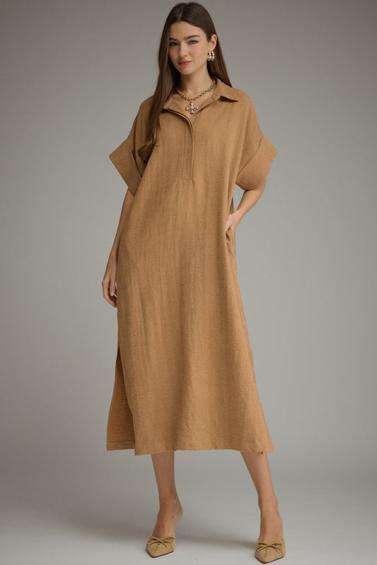 Tamarin Faux Suede Short Sleeve Relaxed Fit Midi Dress - Camel Brown