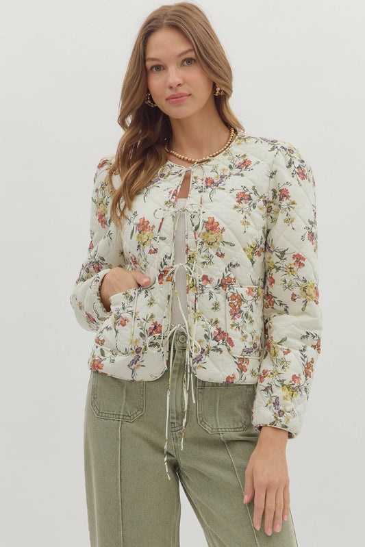 Romance in Bloom Floral Quilted Tie Front Long Sleeve Jacket - Ecru Multi