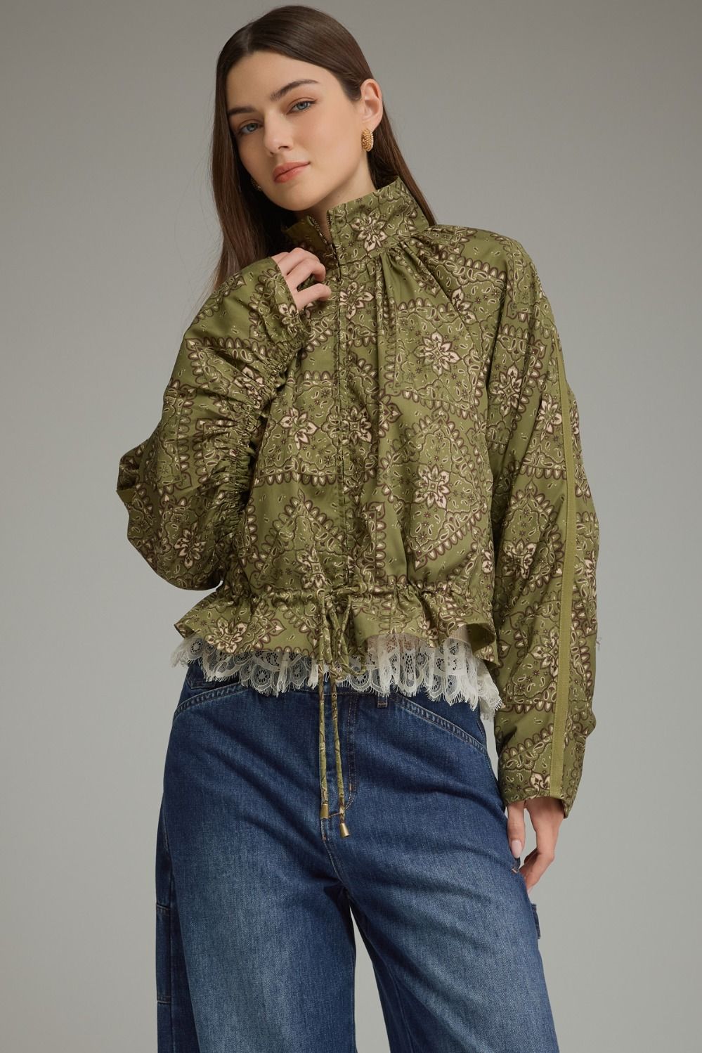 Bandana Print Funnel Neck Long Sleeve Lightweight Jacket - Olive Green