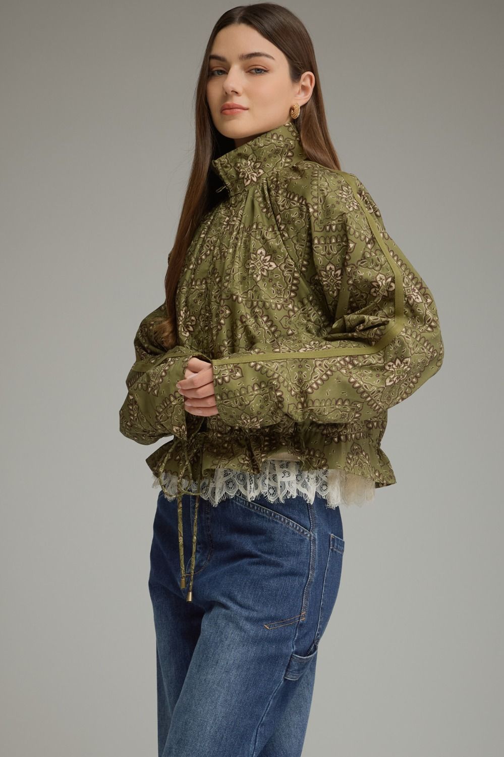 Bandana Print Funnel Neck Long Sleeve Lightweight Jacket - Olive Green