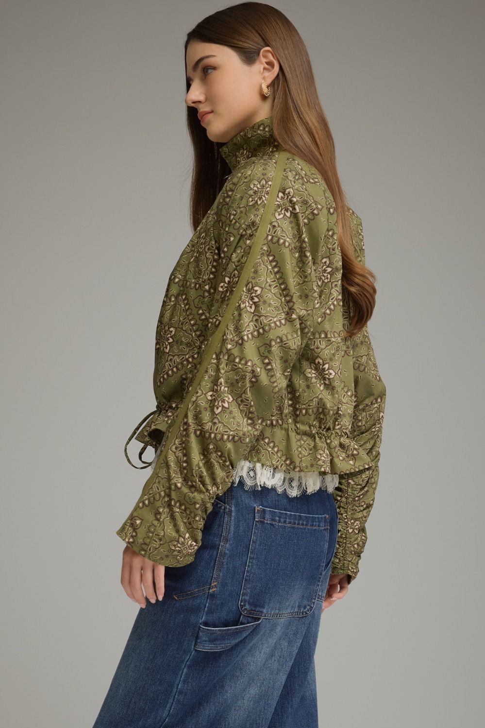 Bandana Print Funnel Neck Long Sleeve Lightweight Jacket - Olive Green