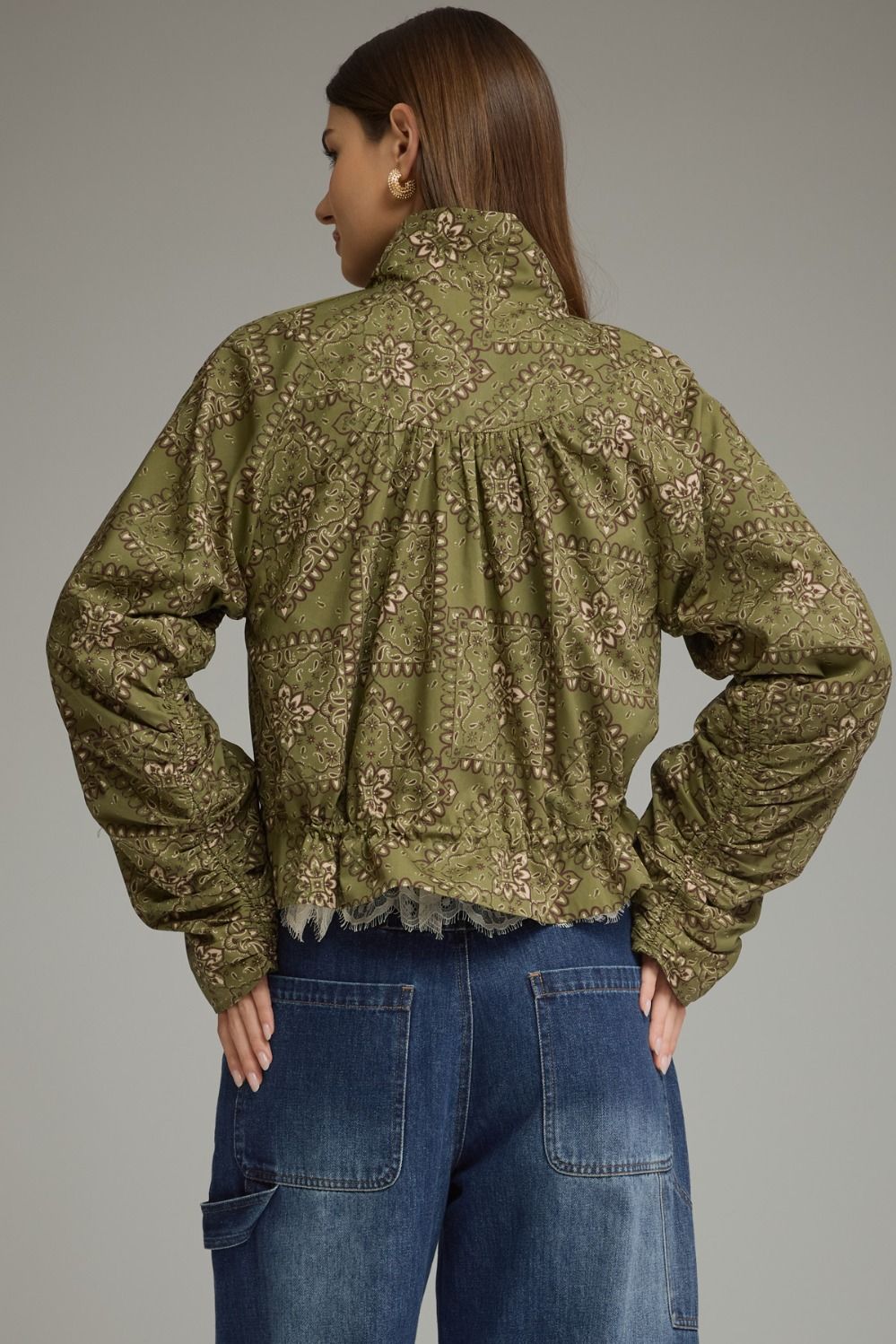 Bandana Print Funnel Neck Long Sleeve Lightweight Jacket - Olive Green