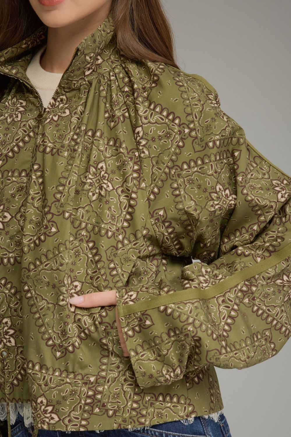 Bandana Print Funnel Neck Long Sleeve Lightweight Jacket - Olive Green