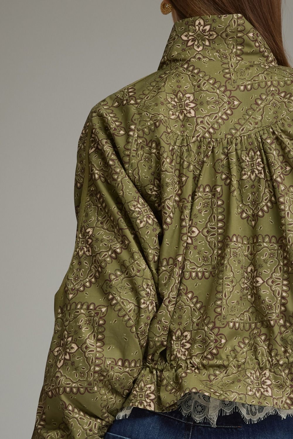 Bandana Print Funnel Neck Long Sleeve Lightweight Jacket - Olive Green
