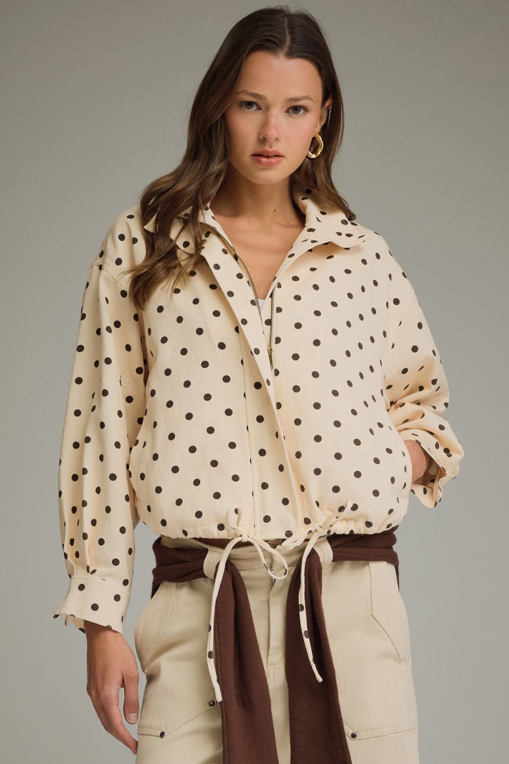 Polka Dot Print Collared Jacket - Ecru Brown