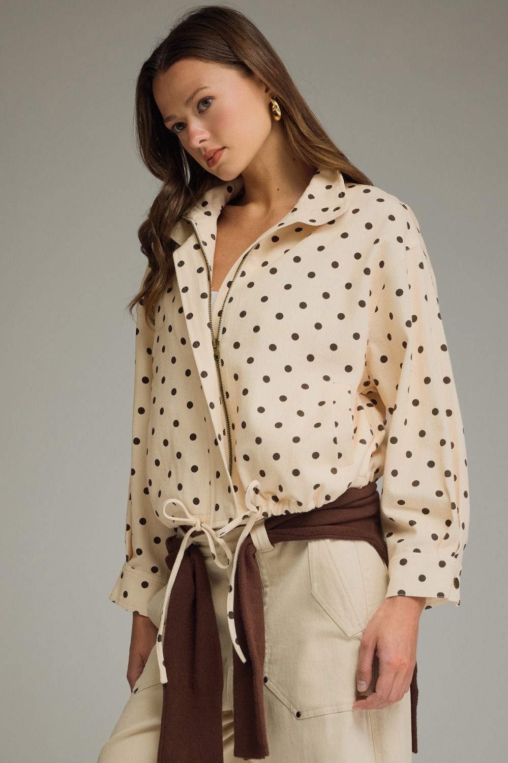 Polka Dot Print Collared Jacket - Ecru Brown