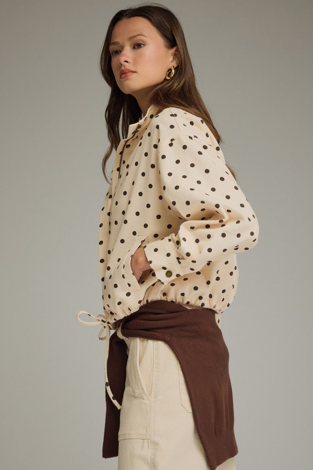 Polka Dot Print Collared Jacket - Ecru Brown