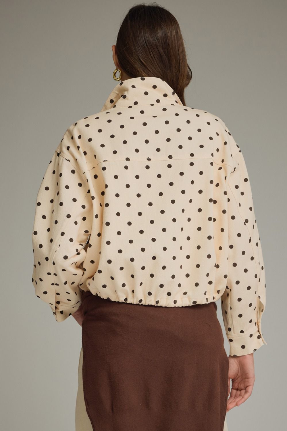 Polka Dot Print Collared Jacket - Ecru Brown