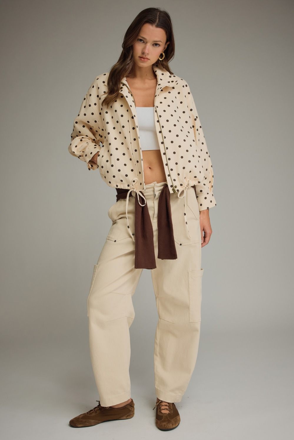 Polka Dot Print Collared Jacket - Ecru Brown
