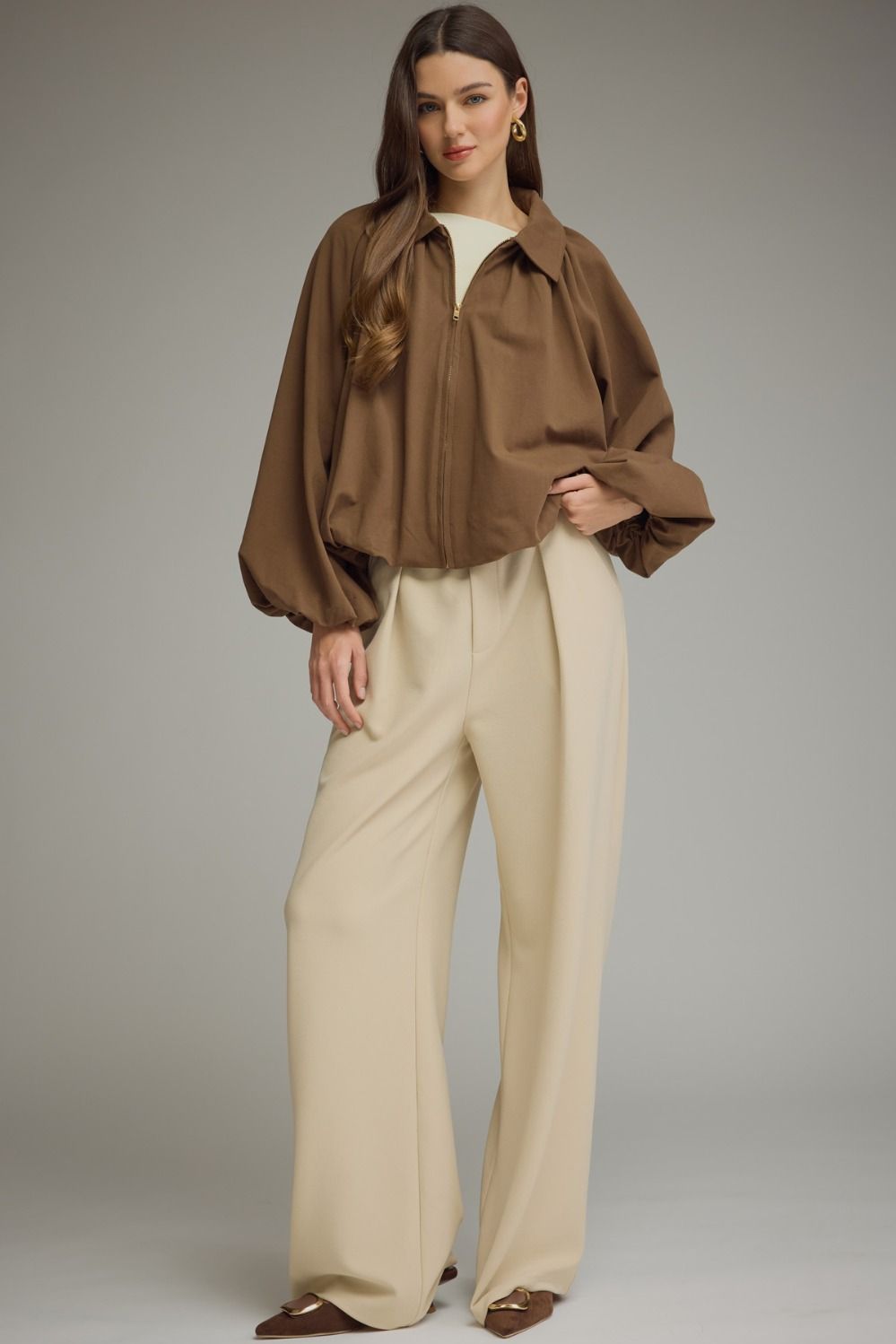 Beatrix Solid Bubble Hem Lightweight Jacket - Brown