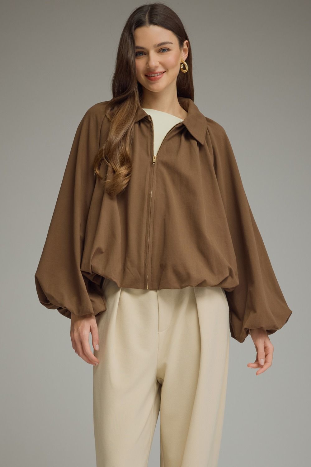 Beatrix Solid Bubble Hem Lightweight Jacket - Brown