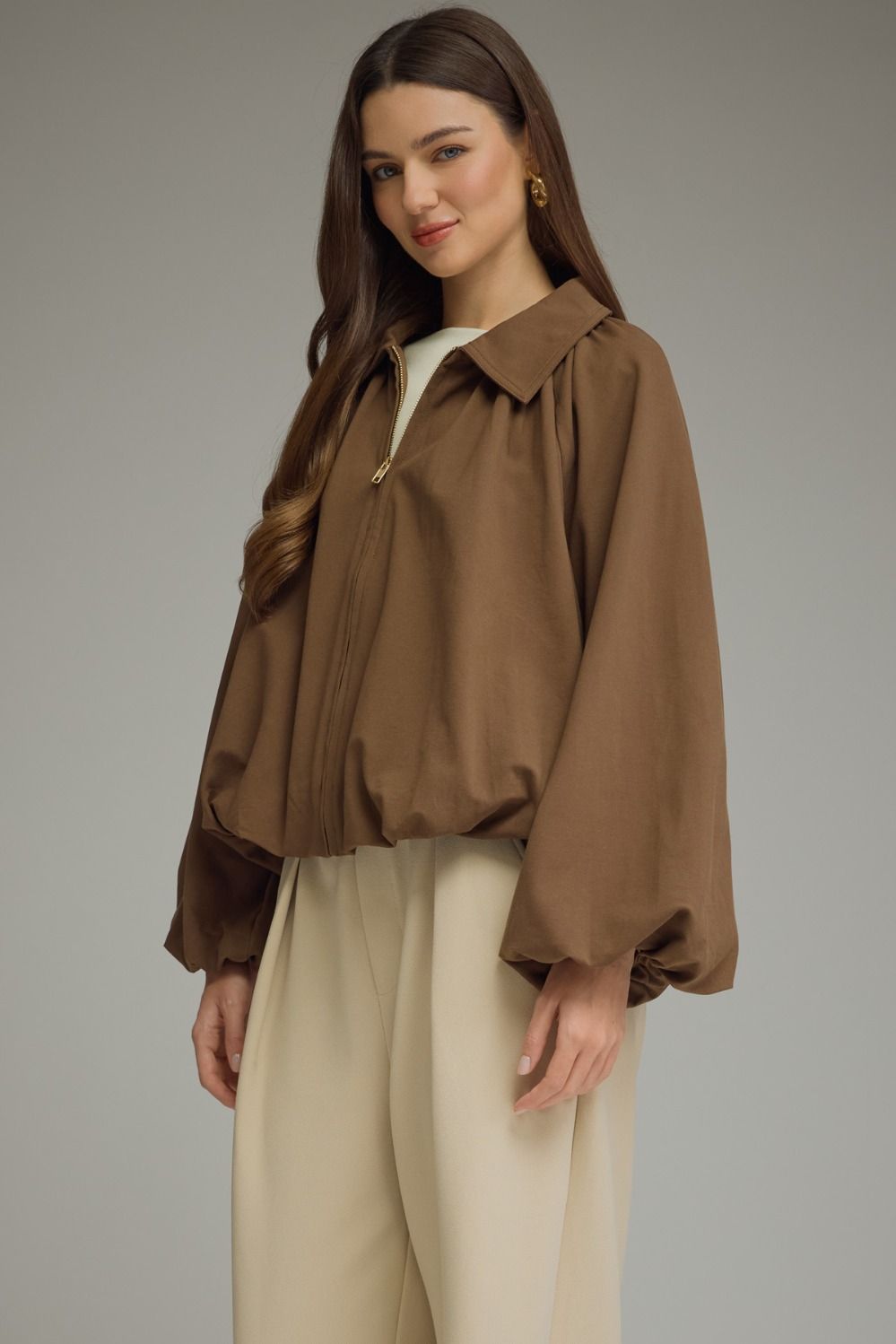 Beatrix Solid Bubble Hem Lightweight Jacket - Brown