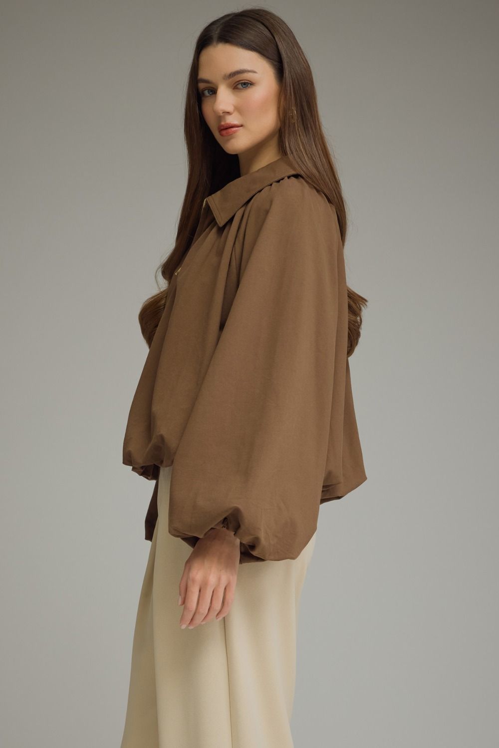 Beatrix Solid Bubble Hem Lightweight Jacket - Brown