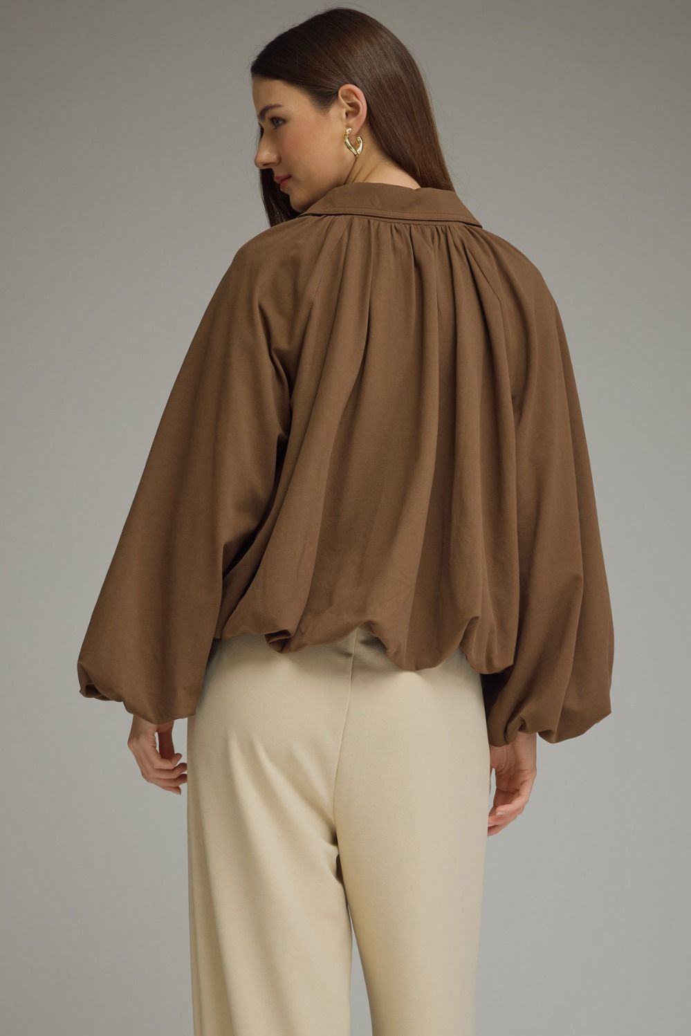 Beatrix Solid Bubble Hem Lightweight Jacket - Brown