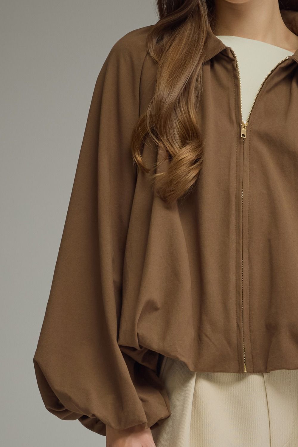 Beatrix Solid Bubble Hem Lightweight Jacket - Brown