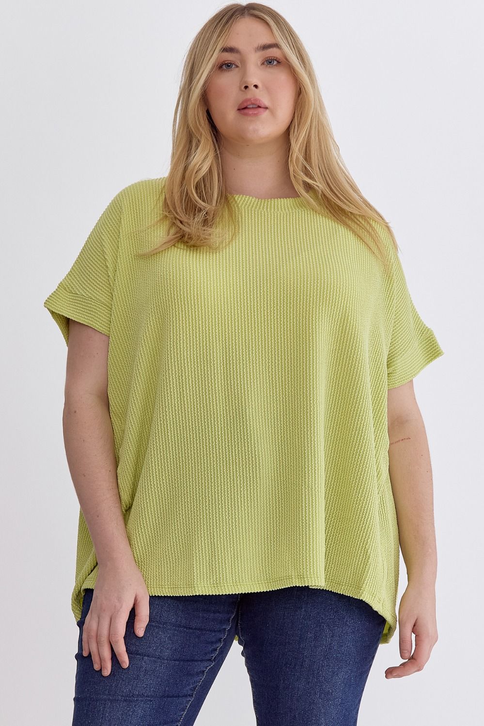 Margo Curve Short Sleeve Ribbed Knit Top - Lime