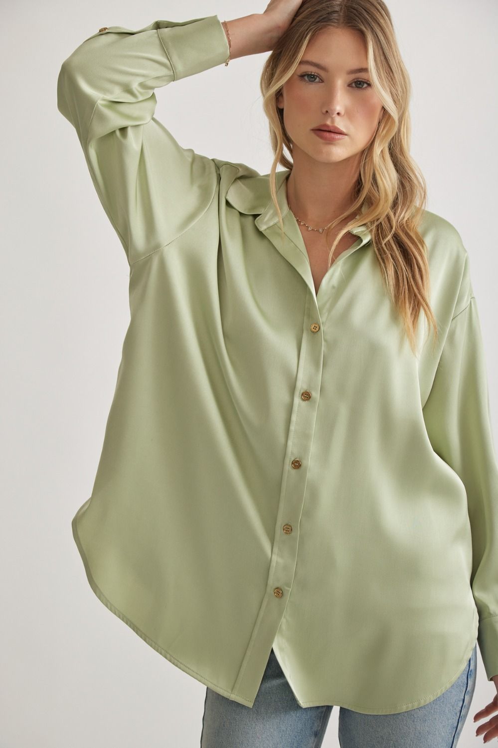Amanda Silky Shine Button Up Woven Blouse - Sage Green