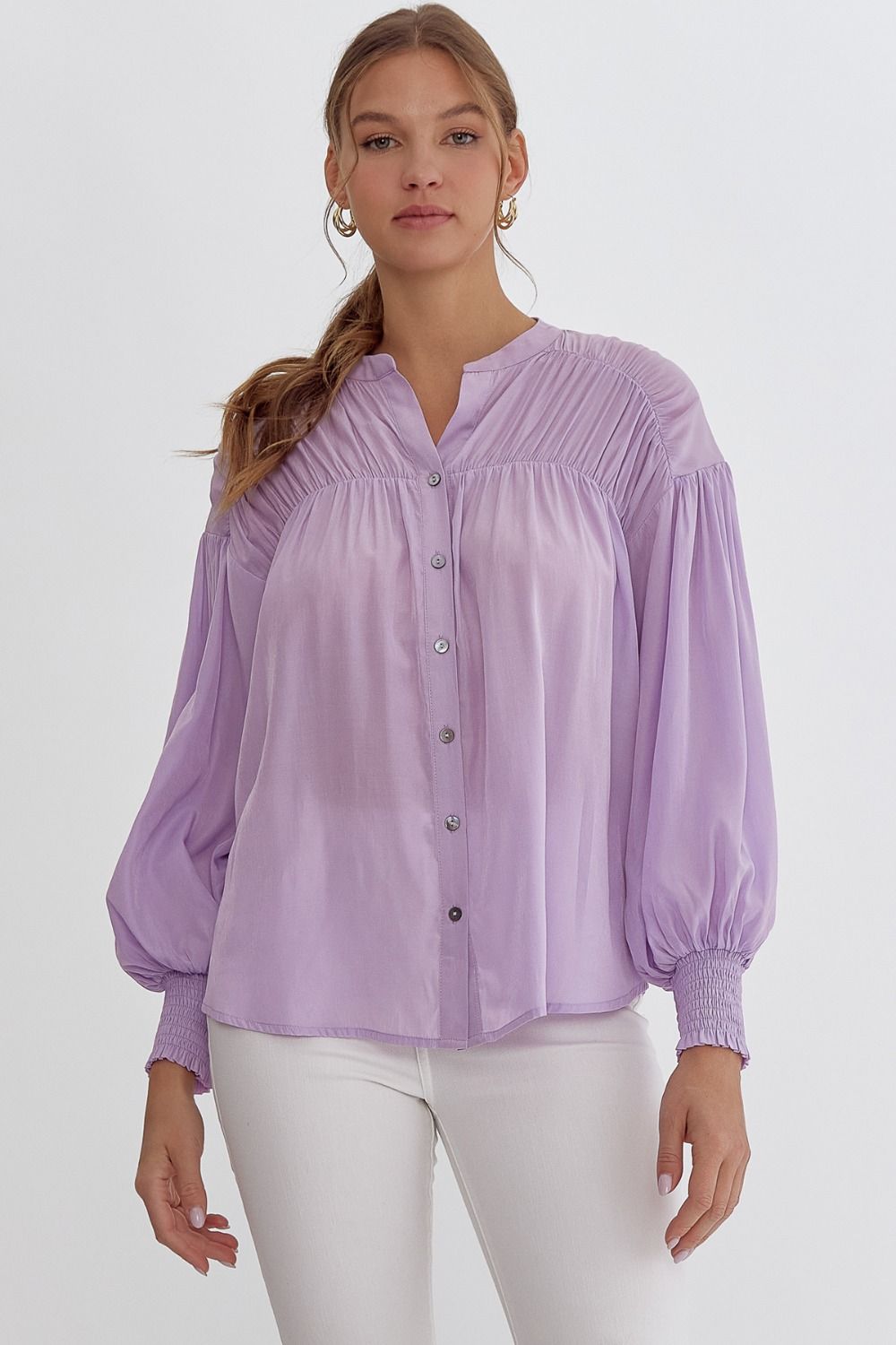 Sara Pleated Detail Long Sleeve Button Up Blouse - Lavender
