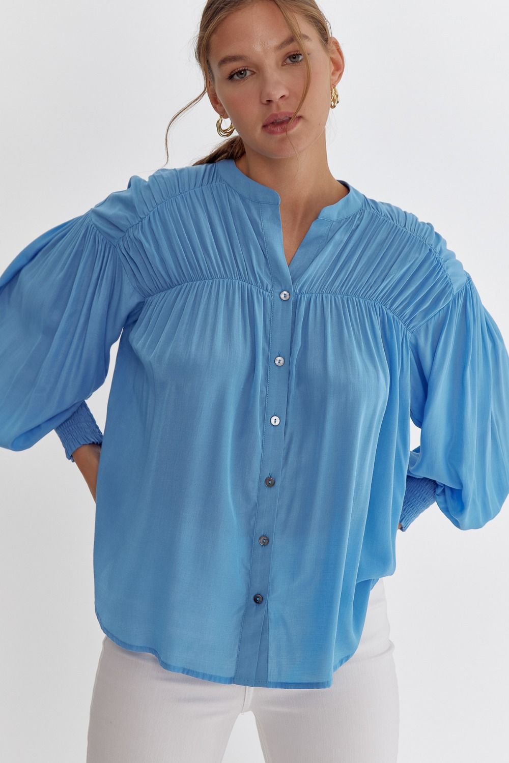 Sara Pleated Detail Long Sleeve Button Up Blouse - French Blue