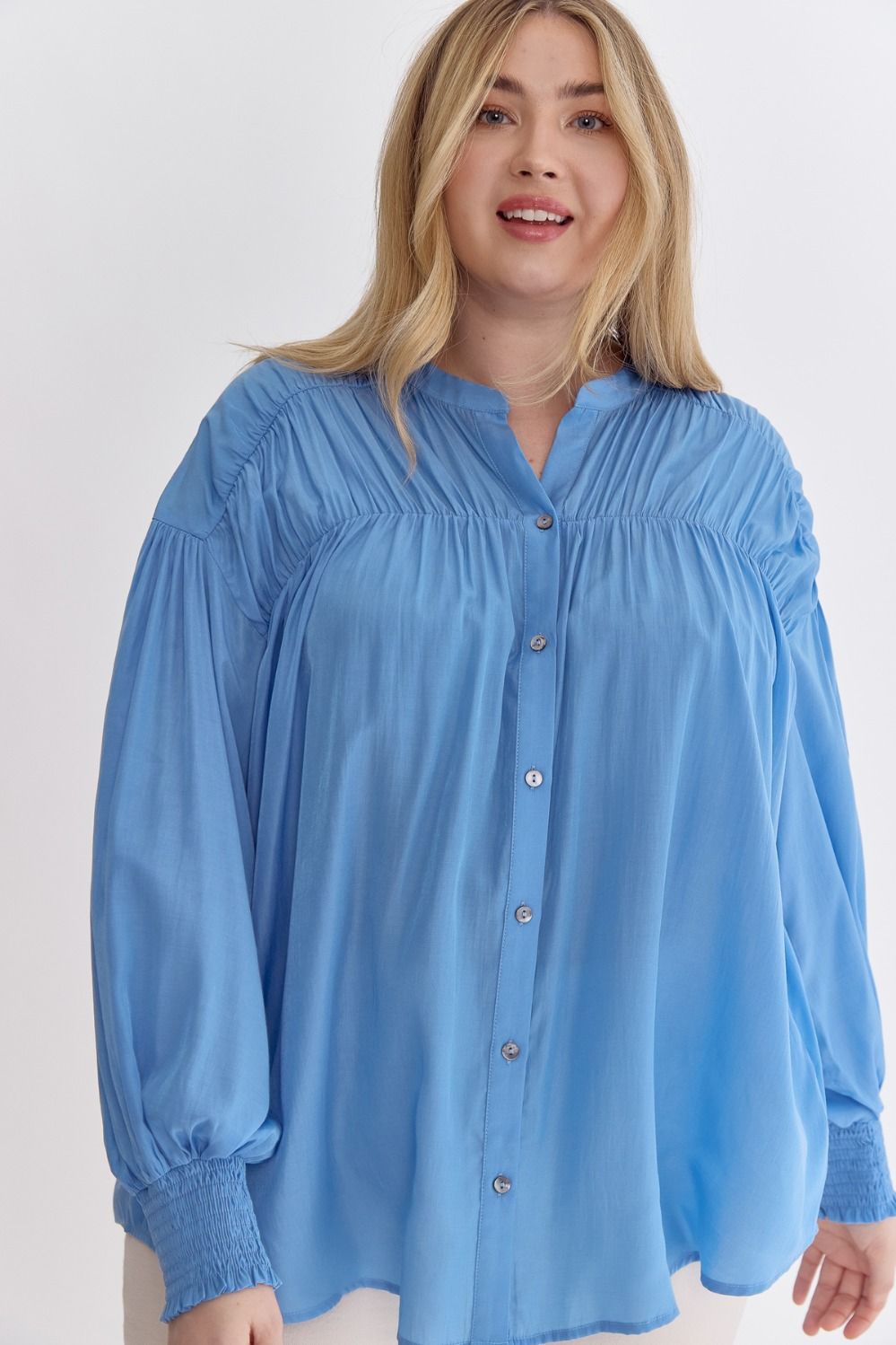 Sara Curve Pleated Detail Long Sleeve Button Up Blouse - French Blue