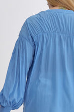 Load image into Gallery viewer, Sara Curve Pleated Detail Long Sleeve Button Up Blouse - French Blue
