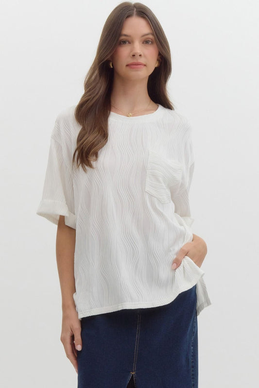 Caroline Wave Textured Short Sleeve Top - White