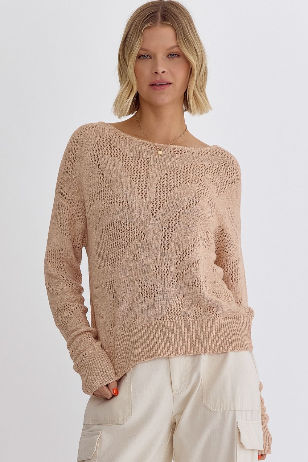 Ava Long Sleeve Open Knit Palm Frond Knit Sweater - Light Taupe