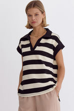 Load image into Gallery viewer, Amelia Stripe Collared Cap Sleeve V Neckline Knit Top - Black White
