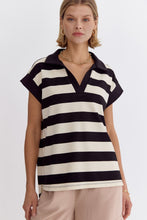 Load image into Gallery viewer, Amelia Stripe Collared Cap Sleeve V Neckline Knit Top - Black White
