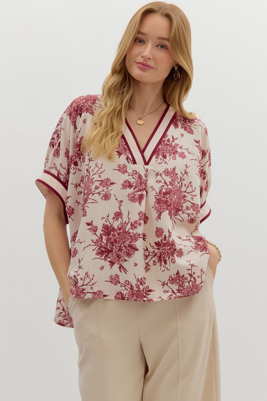 Benson Floral Print Banded Stripe Oversized Dolman Blouse - Cream Burgundy