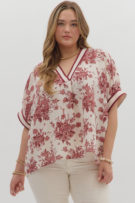 Benson Curve Floral Print Banded Stripe Oversized Dolman Blouse - Cream Burgundy