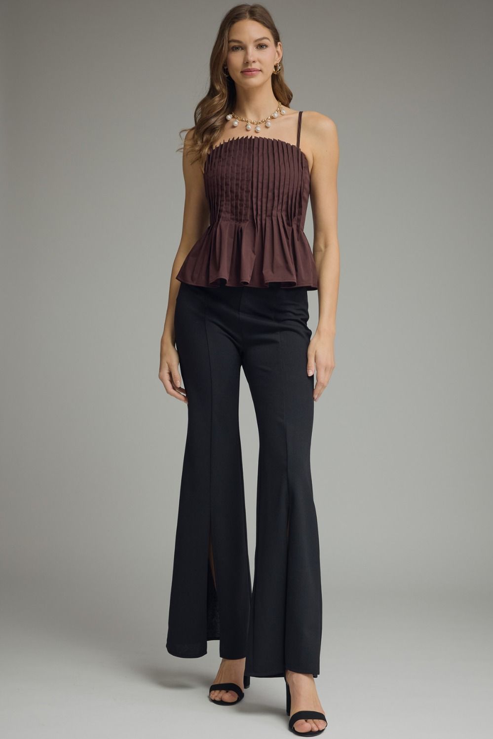 Mollie Vertical Pleated Bodice Round Neckline Tank - Brown