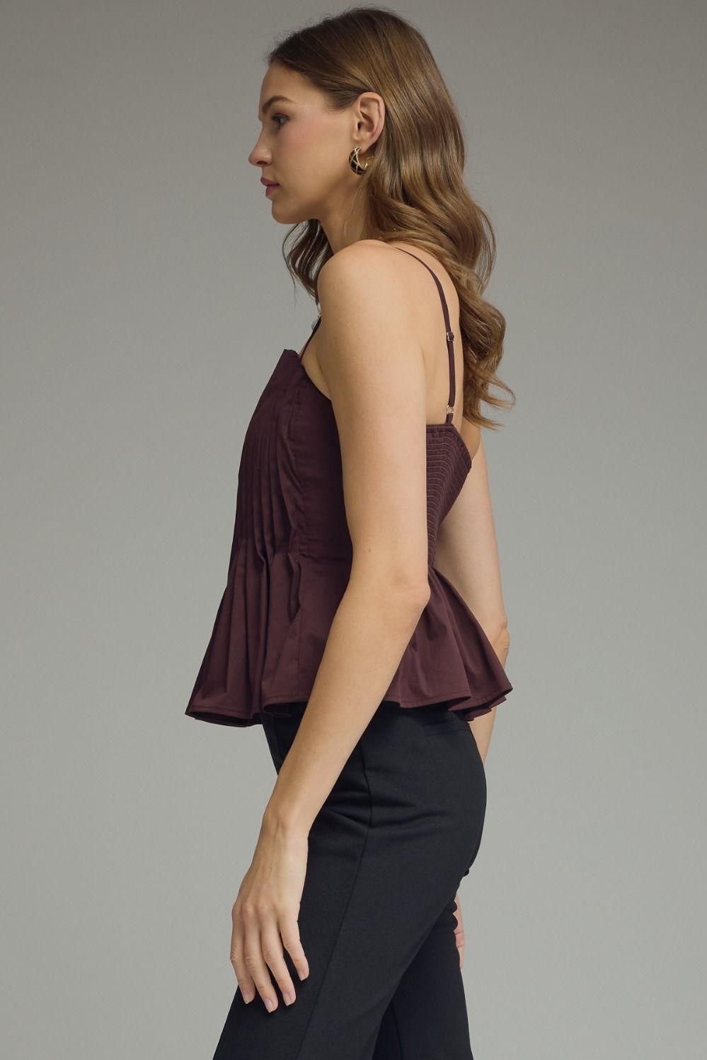 Mollie Vertical Pleated Bodice Round Neckline Tank - Brown
