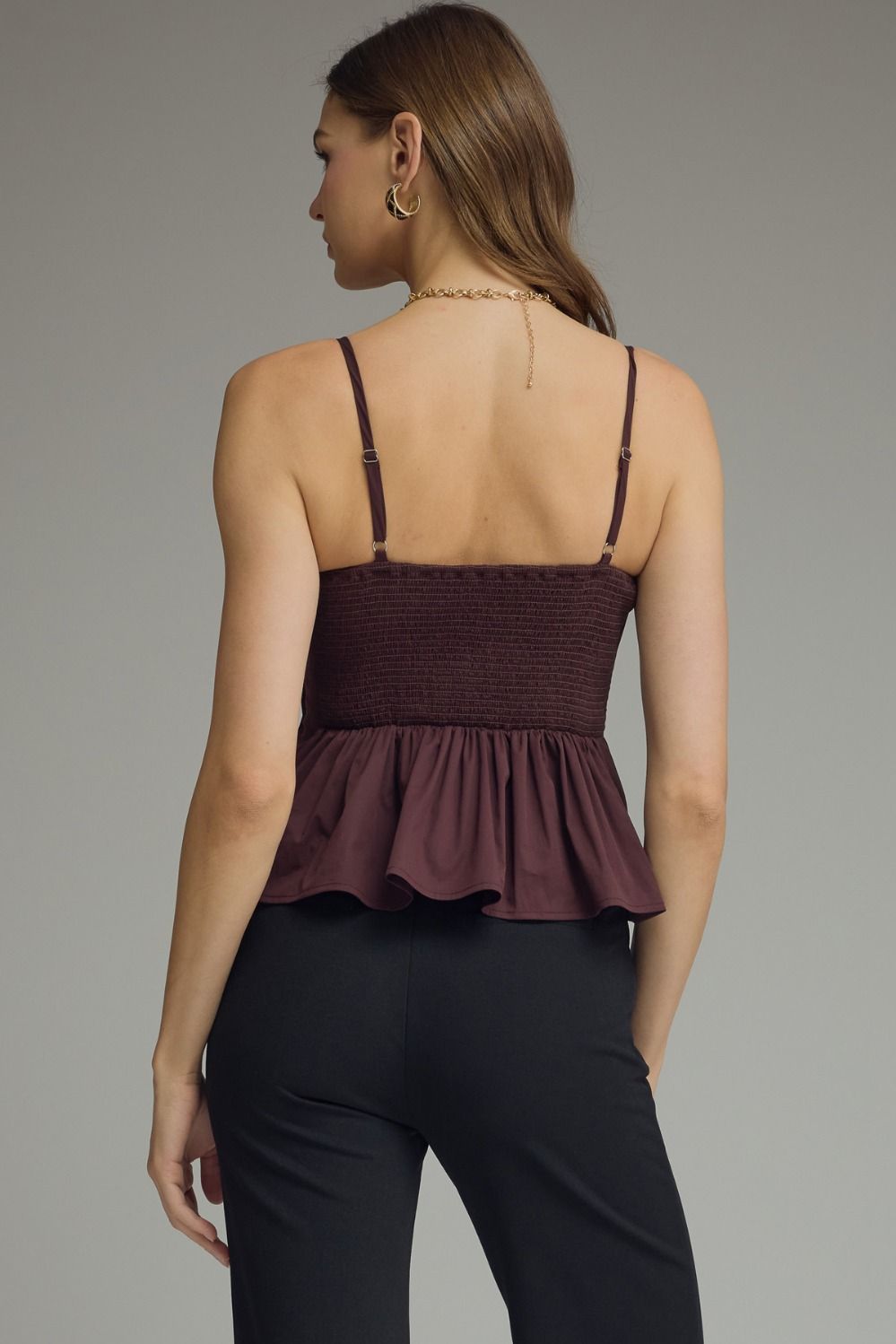 Mollie Vertical Pleated Bodice Round Neckline Tank - Brown