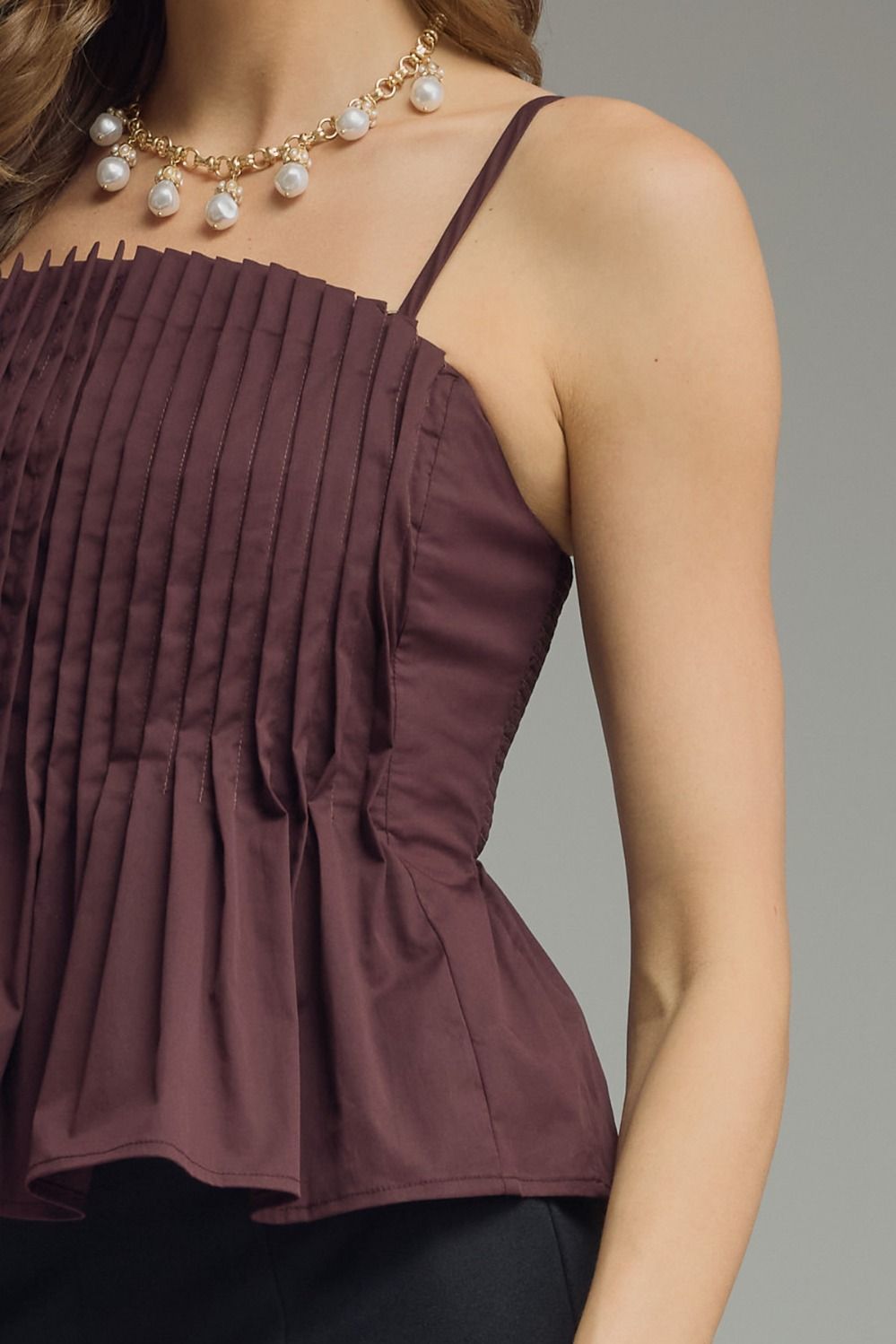 Mollie Vertical Pleated Bodice Round Neckline Tank - Brown