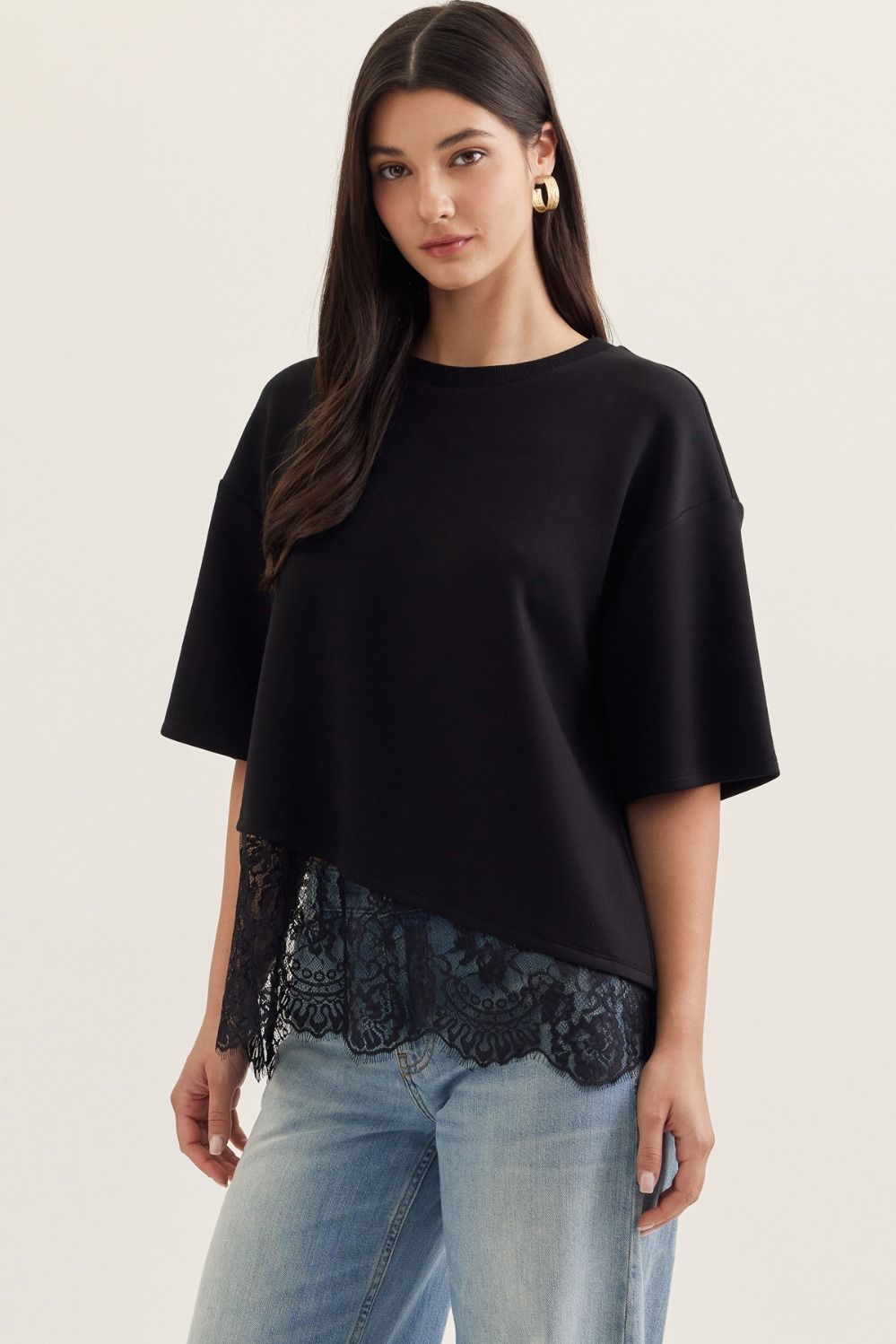 Paloma Oversized Short Sleeve Tee Asymmetrical Lace Trim - Black