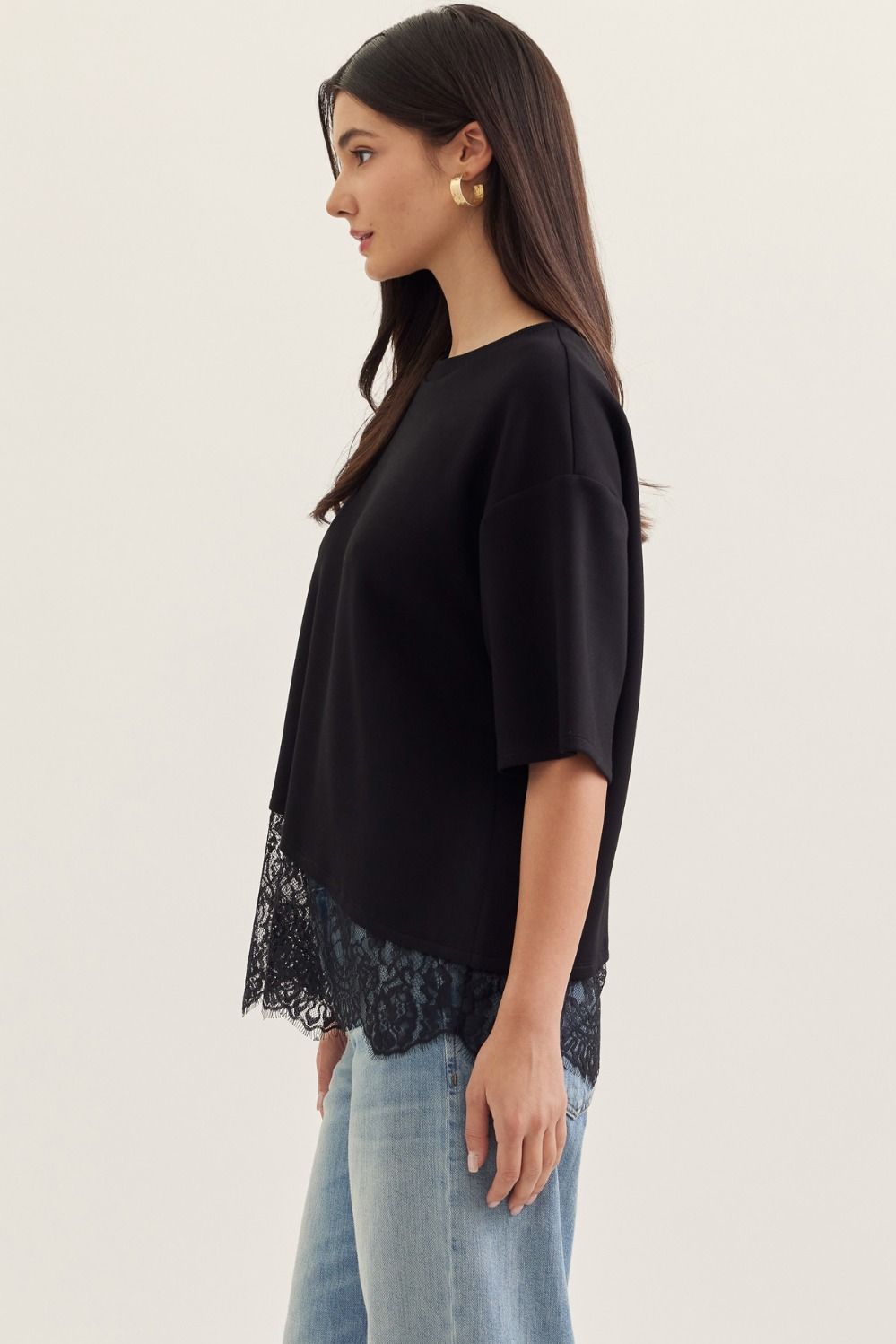 Paloma Oversized Short Sleeve Tee Asymmetrical Lace Trim - Black