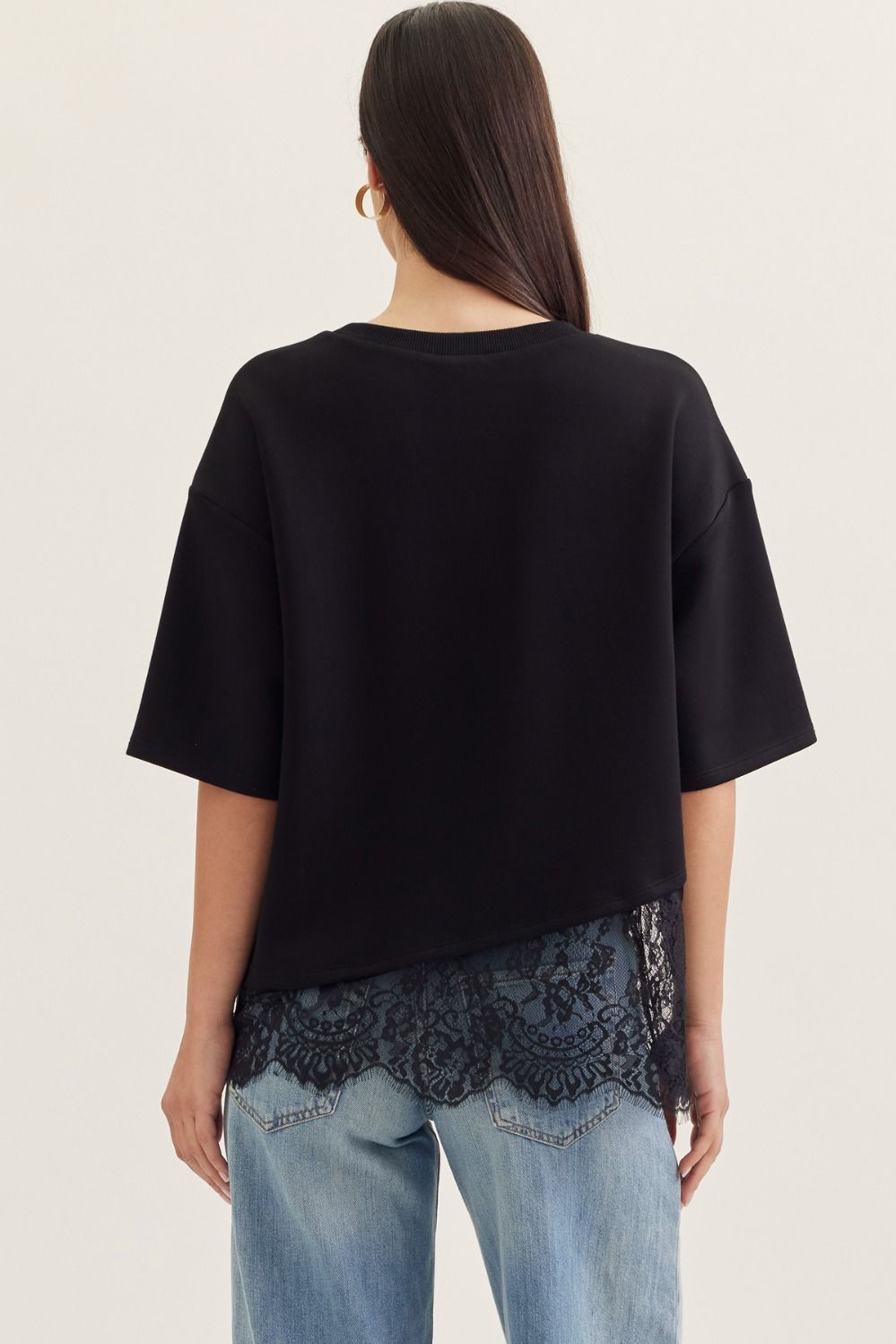 Paloma Oversized Short Sleeve Tee Asymmetrical Lace Trim - Black
