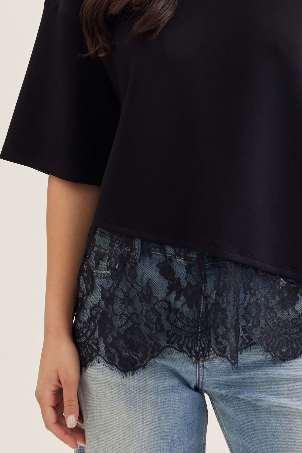 Paloma Oversized Short Sleeve Tee Asymmetrical Lace Trim - Black
