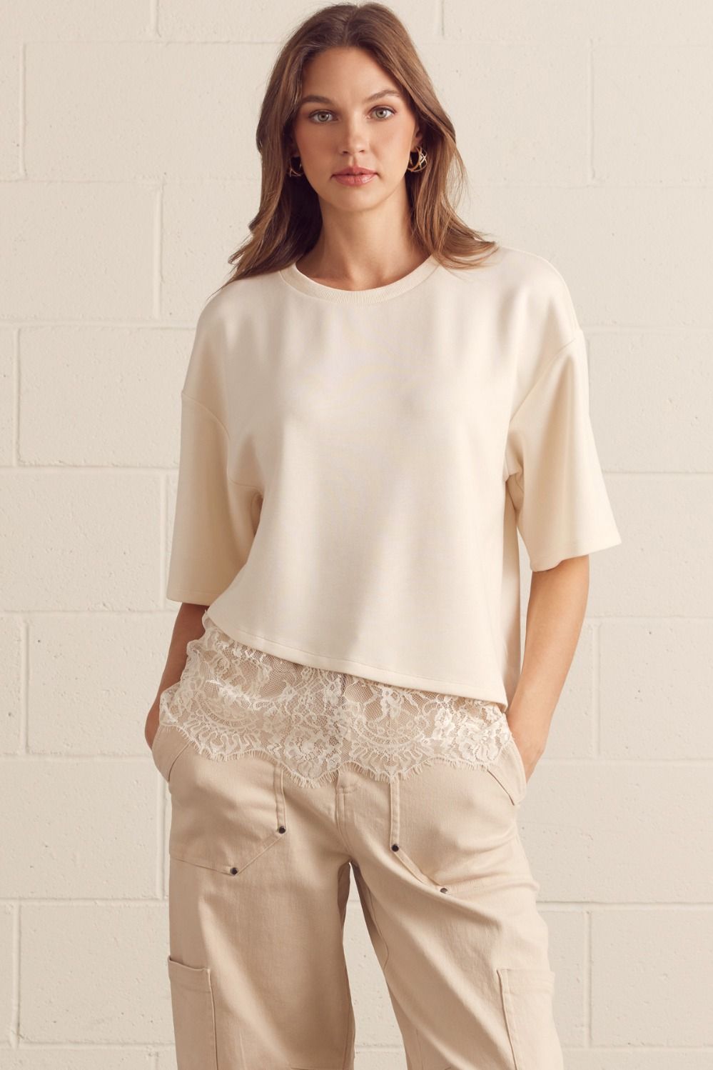 Paloma Oversized Short Sleeve Tee Asymmetrical Lace Trim - Ecru