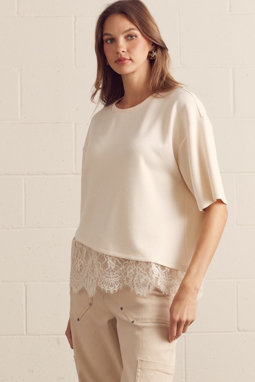 Paloma Oversized Short Sleeve Tee Asymmetrical Lace Trim - Ecru