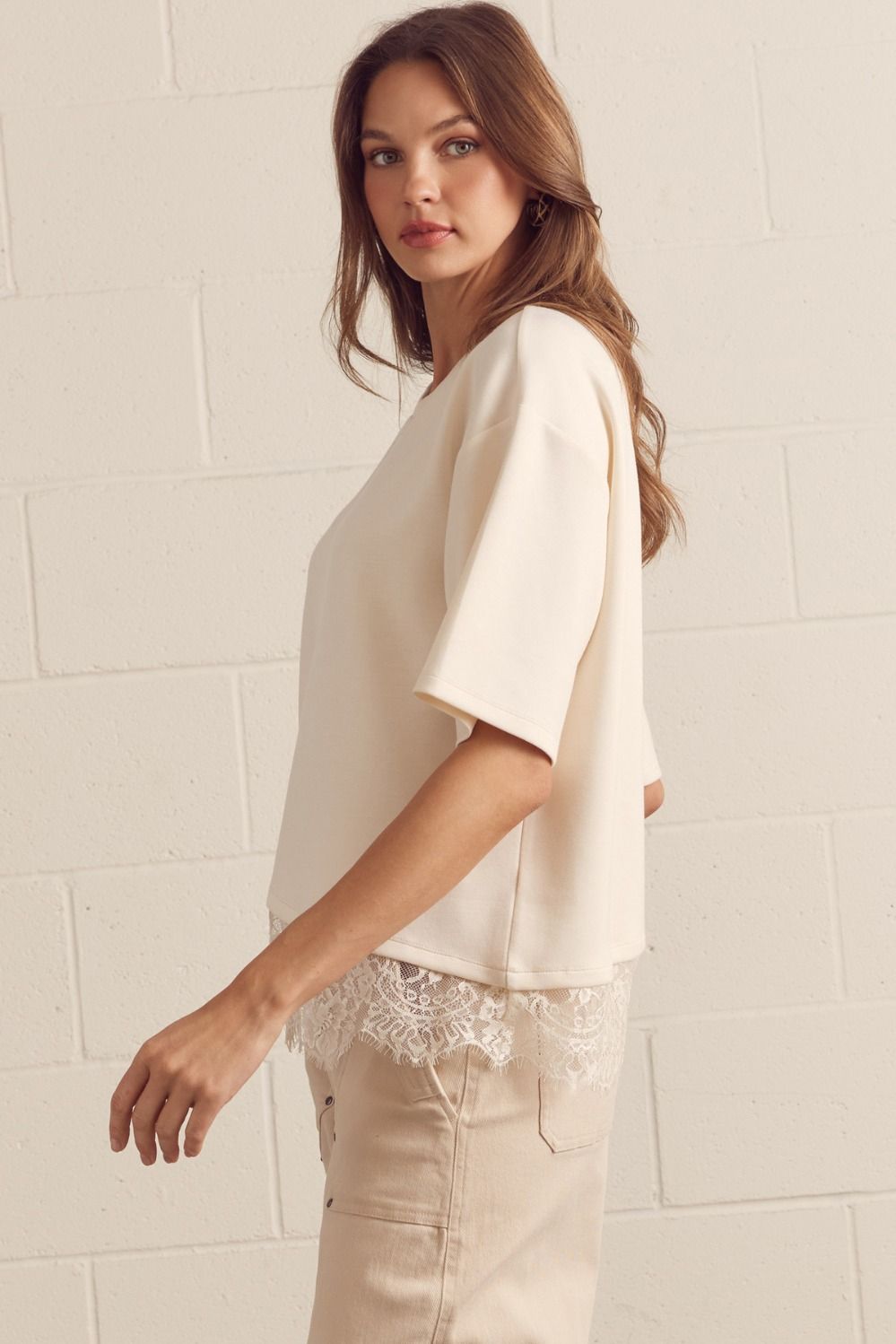 Paloma Oversized Short Sleeve Tee Asymmetrical Lace Trim - Ecru