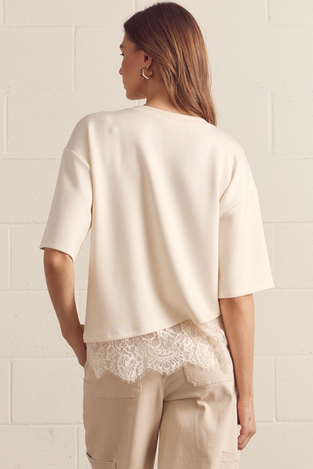 Paloma Oversized Short Sleeve Tee Asymmetrical Lace Trim - Ecru