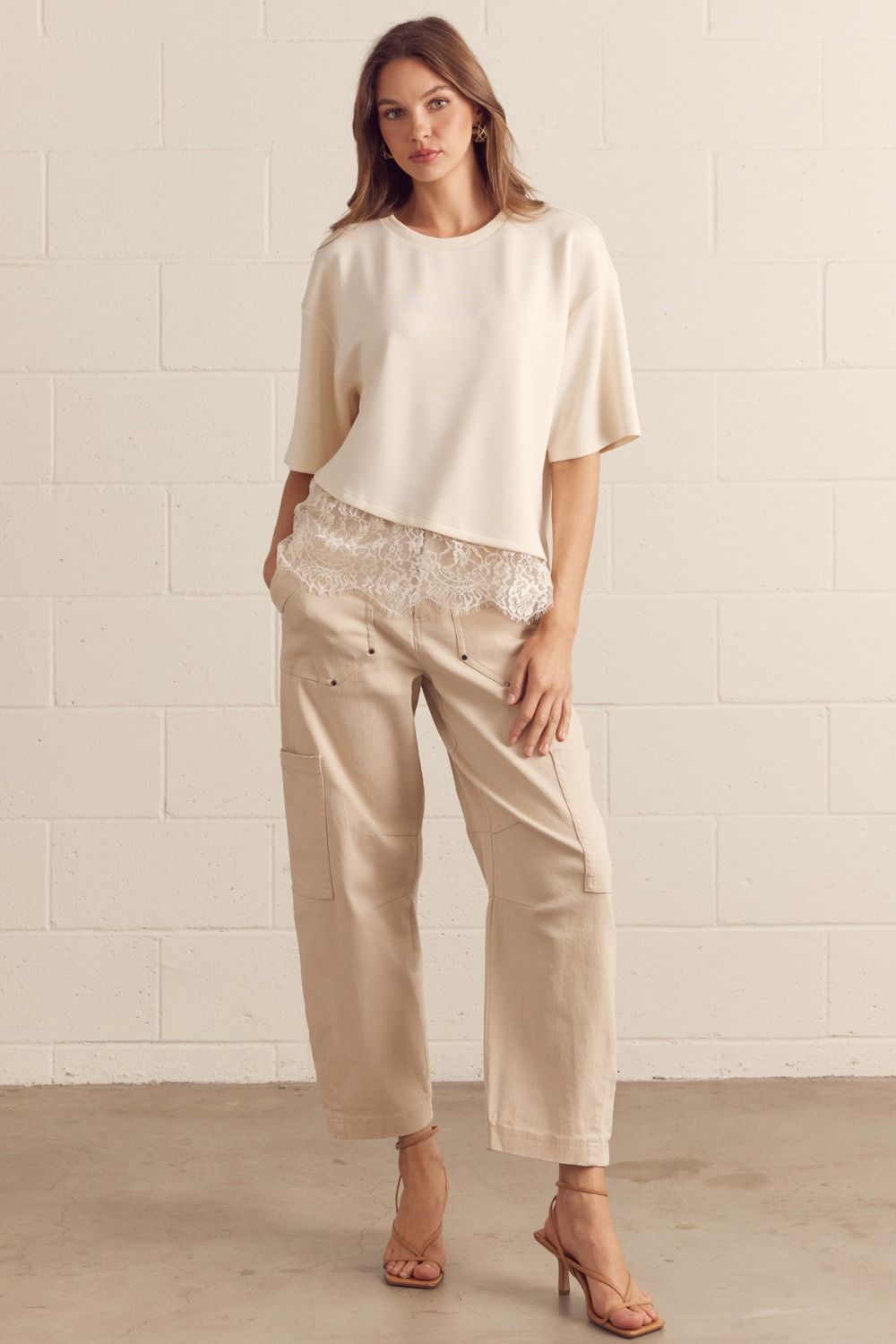 Paloma Oversized Short Sleeve Tee Asymmetrical Lace Trim - Ecru