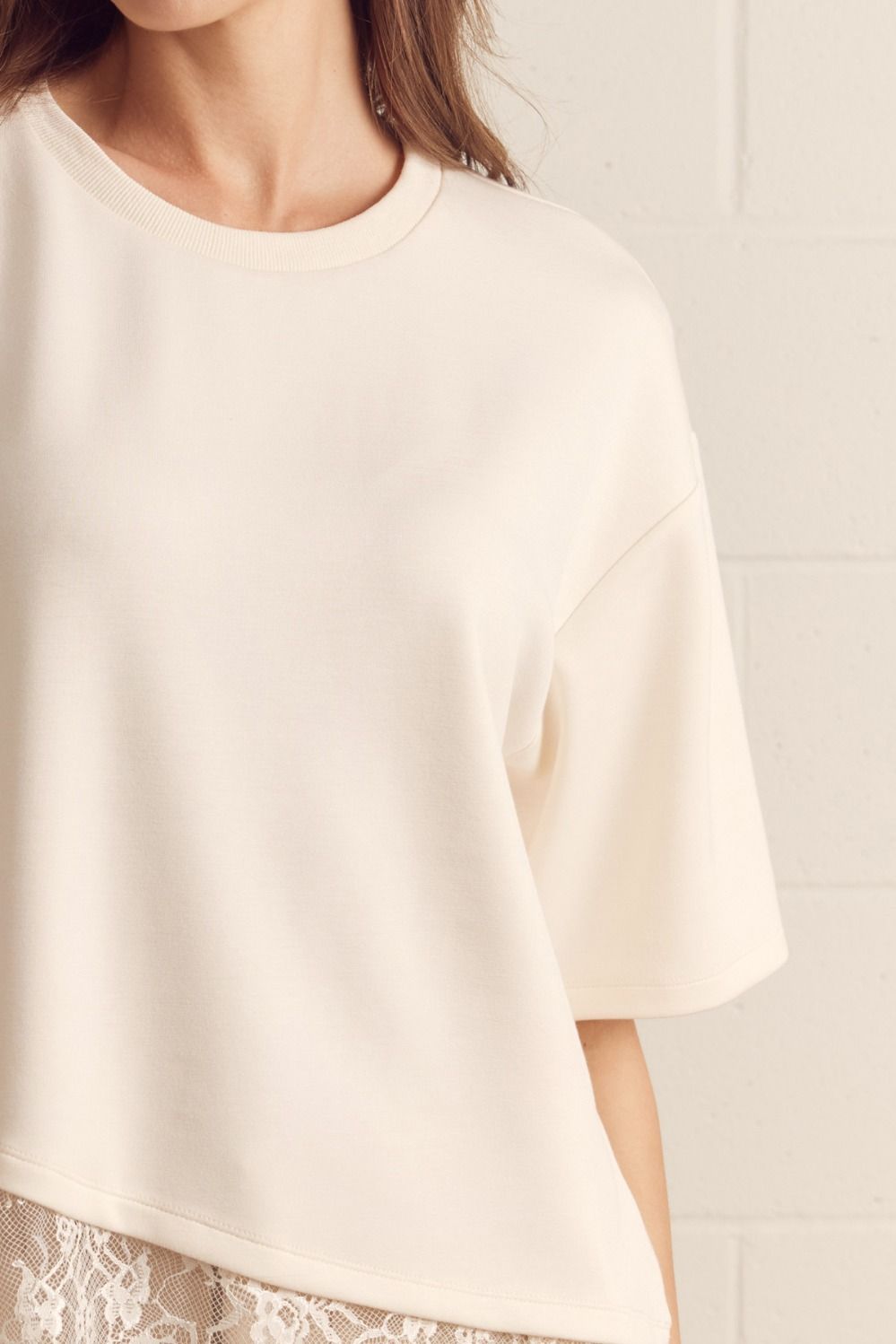 Paloma Oversized Short Sleeve Tee Asymmetrical Lace Trim - Ecru